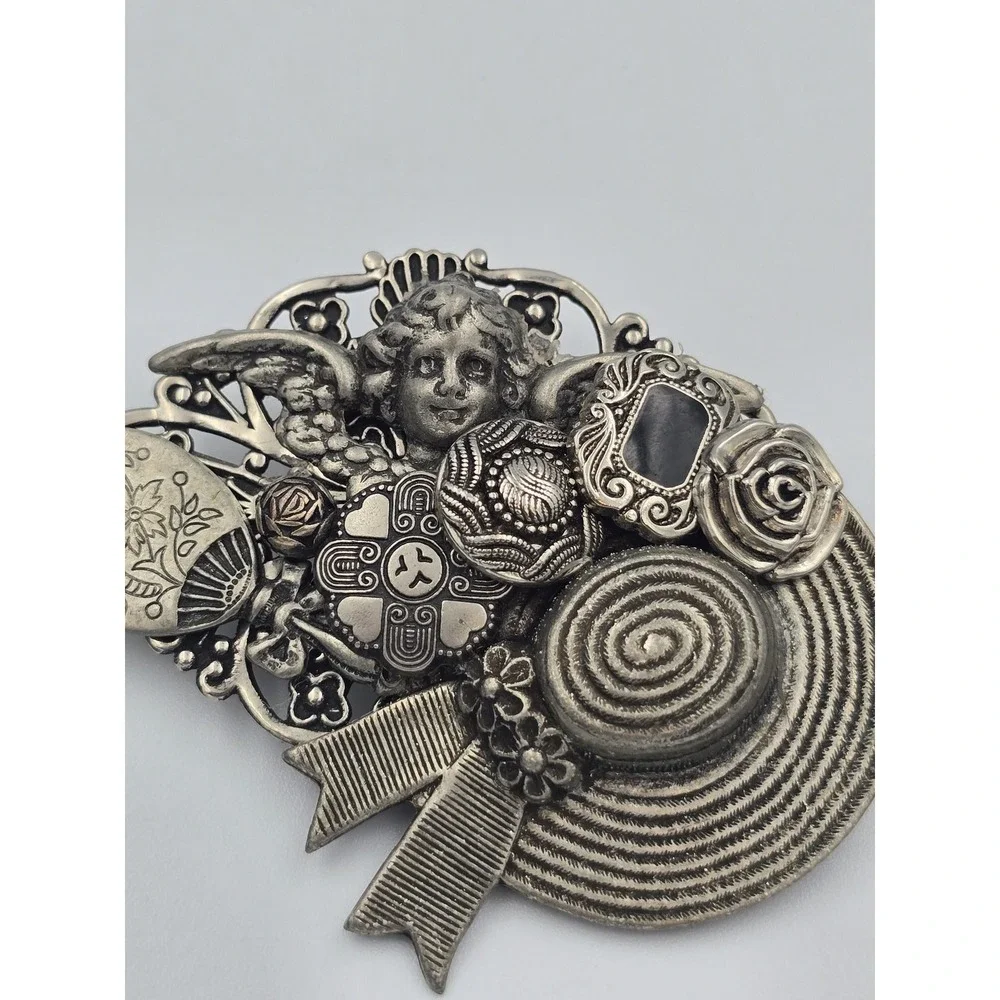 Vintage Style Silver Tone Cherub Fan‎ Hat Bow Collage Brooch Pin Fashion Jewelry